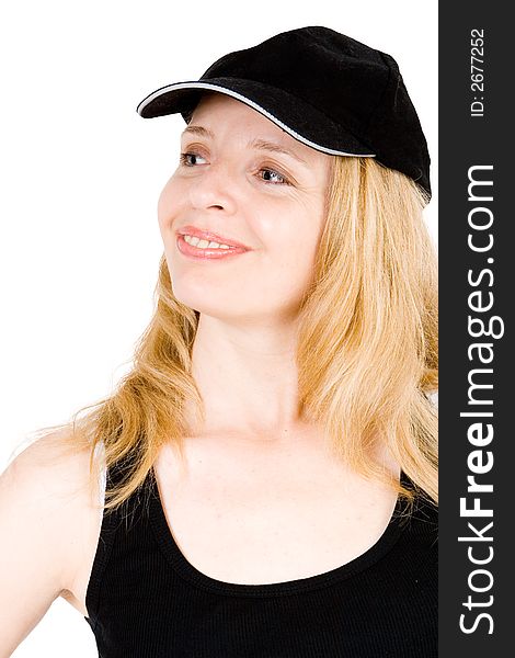 An attractive blond woman wearing a baseball cap