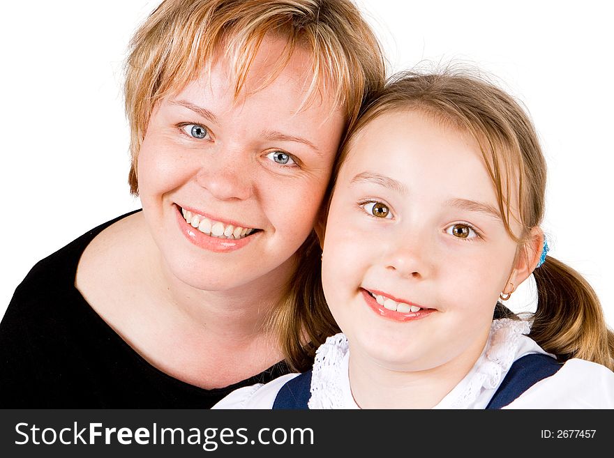 A pretty mother and daughter with a white background