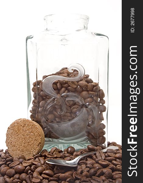 Composition with jar full of colombian coffee isolated on white background
