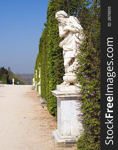 Ancient Sculptures along a row of hedges on the grounds of the Palace at Versailles, France. Ancient Sculptures along a row of hedges on the grounds of the Palace at Versailles, France