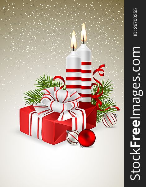 Christmas background with Christmas gift, candles and fir branches. Christmas background with Christmas gift, candles and fir branches