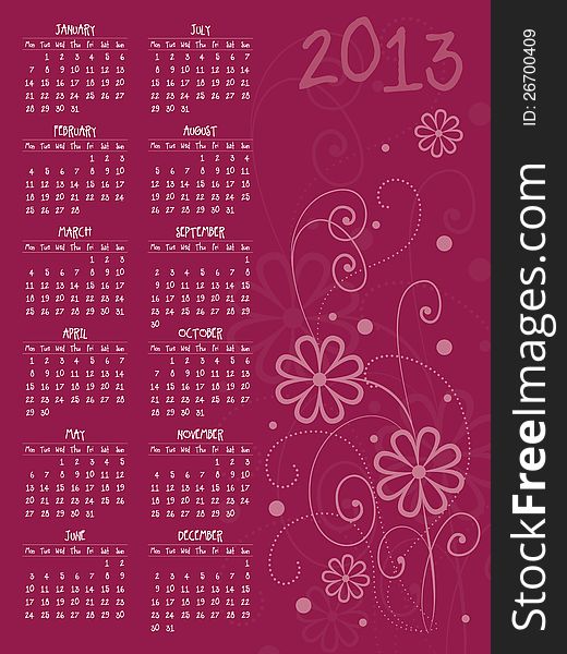 2013 Vector Calendar With Flowers