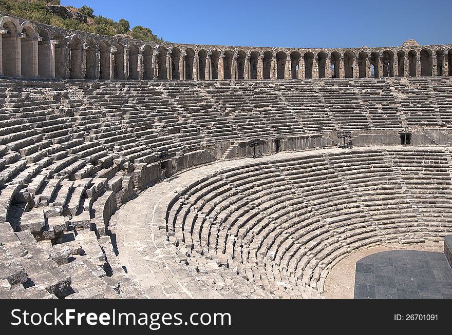 Constructed in 155 during the rule of Marcus Aurelius the theater in Aspendos is the best-preserved theater of ancient world. Constructed in 155 during the rule of Marcus Aurelius the theater in Aspendos is the best-preserved theater of ancient world