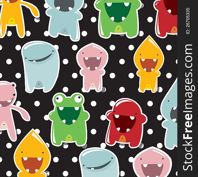 Background with cute colorful monsters on dotted background. Background with cute colorful monsters on dotted background