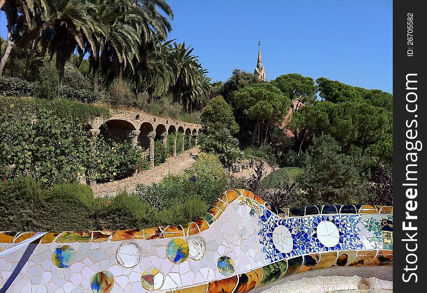 Barcelona. A terrace and bench in park Guell. Barcelona. A terrace and bench in park Guell