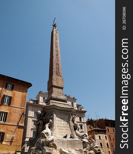 The obelisk near of the Pantheon in Rome. The obelisk near of the Pantheon in Rome