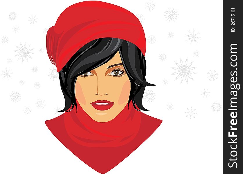 Portrait of brunette in a red knitted cap and scarf. Illustration