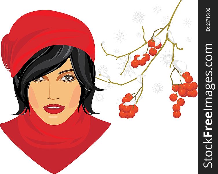 Brunette in a red knitted cap with rowan branch in the snow. Illustration