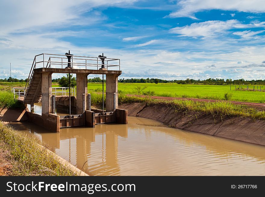 Sluice on irrigation canal in farmland