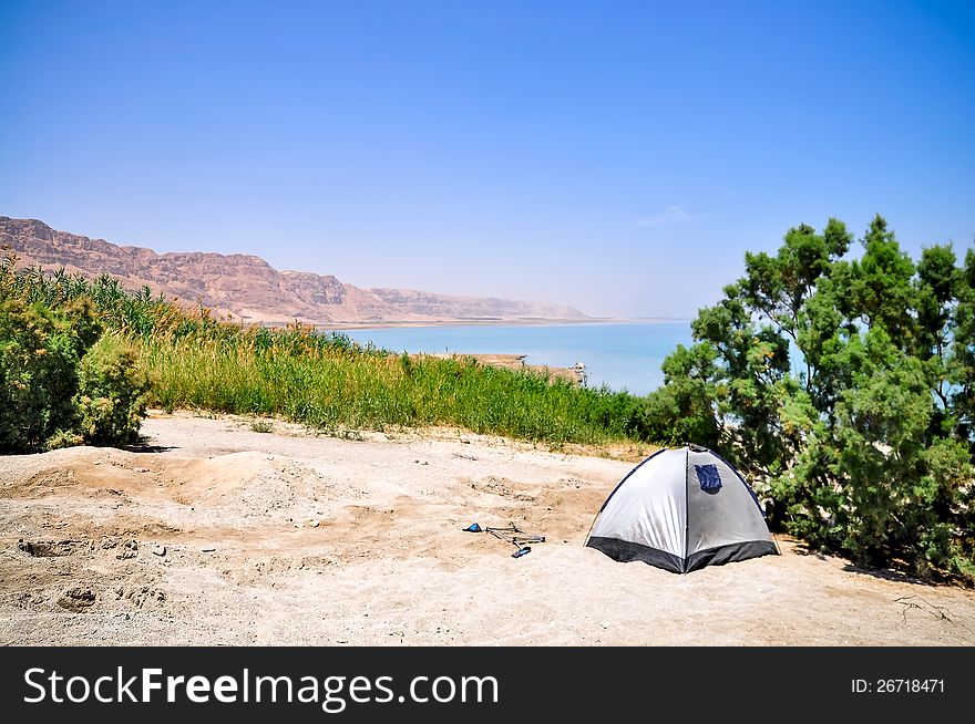 Tourist tent in oasis on the coast of the Dead Sea. Tourist tent in oasis on the coast of the Dead Sea