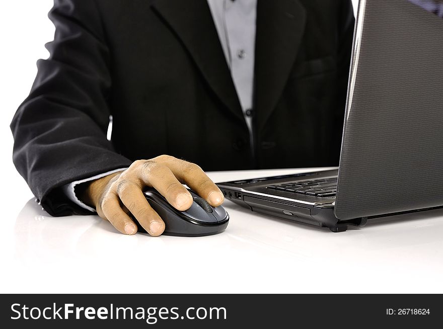 Man typing on laptop isolated over white background