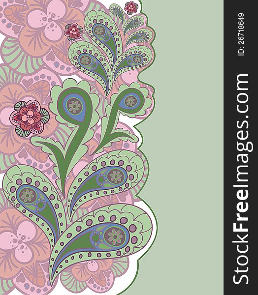 Beautiful pink and green background with hand-drawn flowers