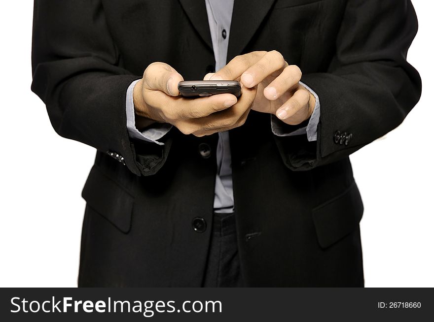 Close up of man using mobile smart phone isolated on white background. Close up of man using mobile smart phone isolated on white background