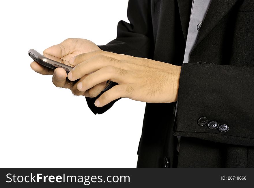 Close up of man using mobile smart phone isolated on white background. Close up of man using mobile smart phone isolated on white background