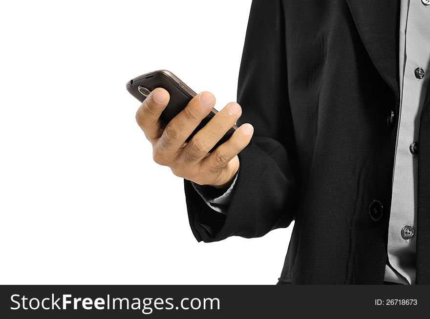 Close up of man using mobile smart phone isolated on white background. Close up of man using mobile smart phone isolated on white background