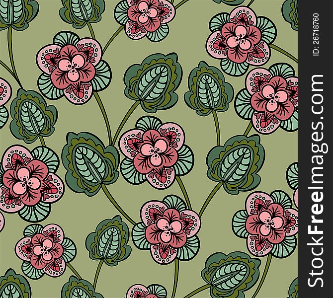 Seamless green background with stylized pink flowers. Seamless green background with stylized pink flowers