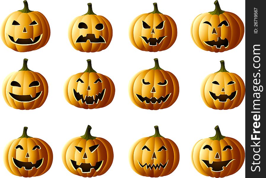 Set of Jack-o-lanterns, isolated on white