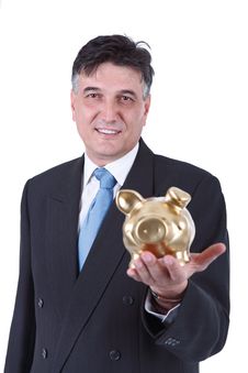 Businessman Holding A Piggy Bank Royalty Free Stock Photos