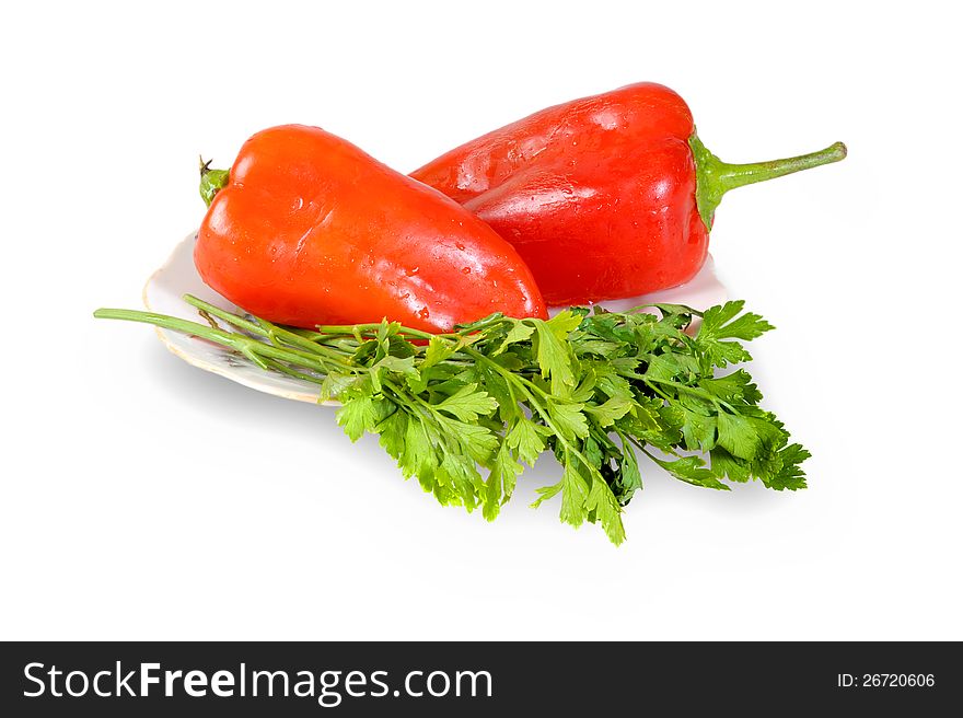 Two Red Peppers With The Parsley, Isolated