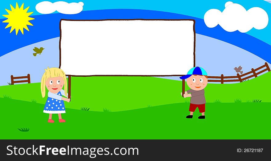 Children holding an empty sign to present something. Children holding an empty sign to present something.