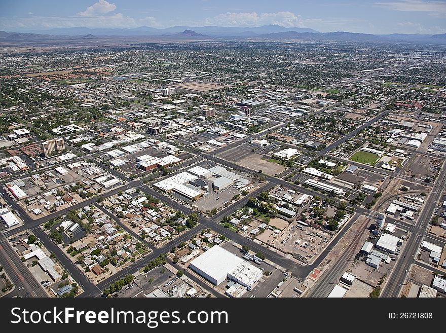 Downtown Mesa, Arizona and surrounding neighborhood on a Summer day