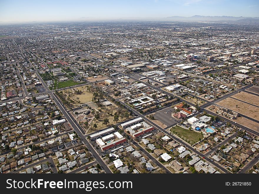 Helicopter aerial of downtown and surrounding neighborhood in Mesa, Arizona. Helicopter aerial of downtown and surrounding neighborhood in Mesa, Arizona