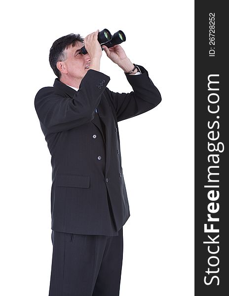 Senior businessman looking through binoculars, isolated over white background