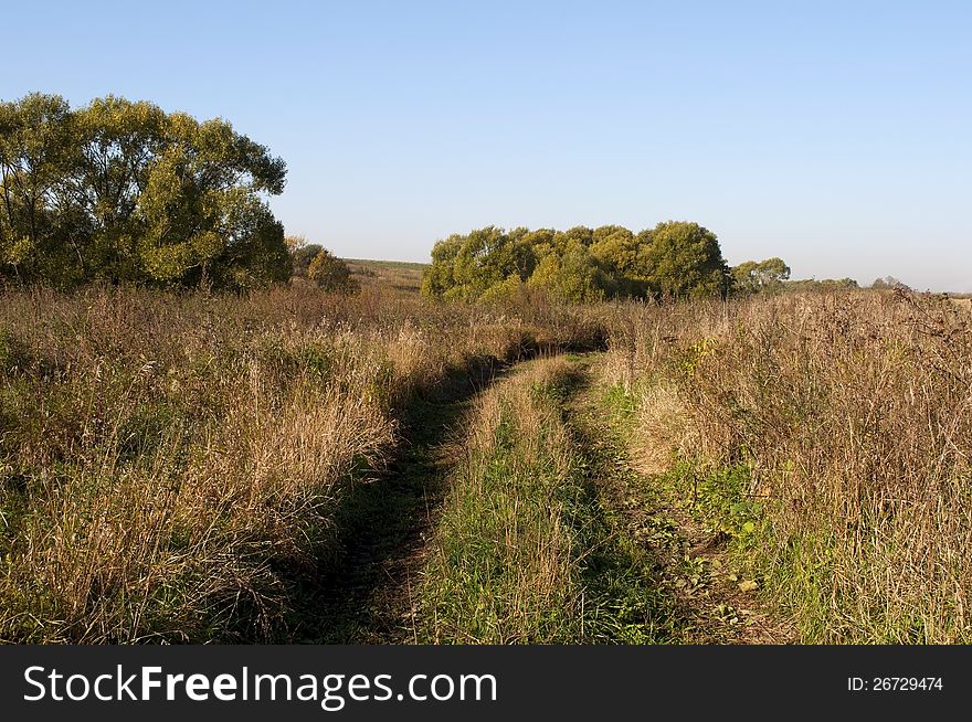 Country dirt road in autumn field on sunny morning. Country dirt road in autumn field on sunny morning