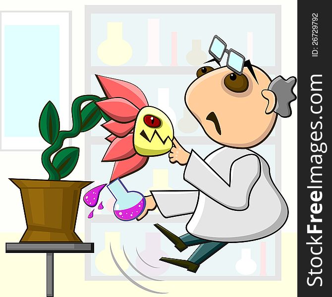 Aggressive mutant flower biting finger of scientist. Aggressive mutant flower biting finger of scientist