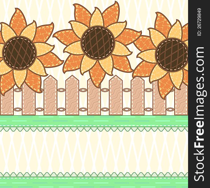 Scrapbook country background with blooming sunflowers and wooden fence. Scrapbook country background with blooming sunflowers and wooden fence