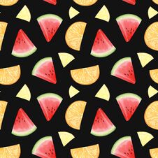 Watercolor Watermelon, Lemon And Orange Seamless Pattern On Black Background. Fruit Sliced Into Wedges. Design For Ice Cream Packa Stock Image