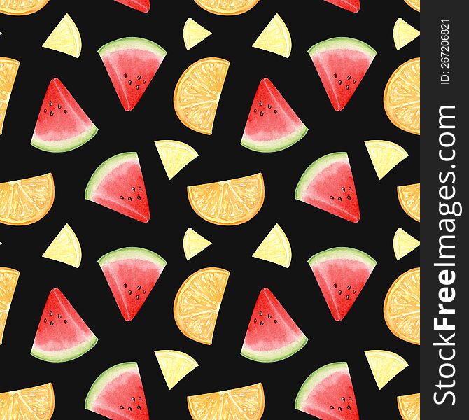 Watercolor watermelon, lemon and orange seamless pattern on black background. Fruit sliced into wedges. Design for ice cream packa