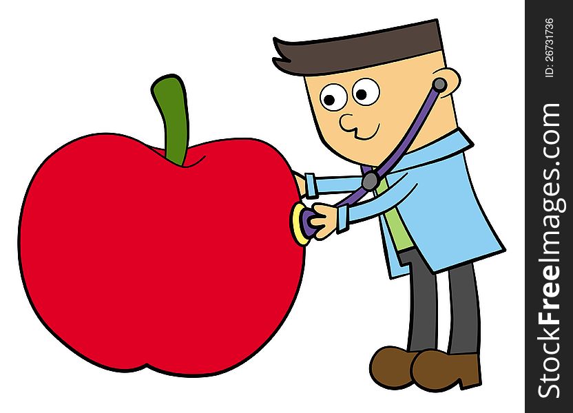 A humorous illustration of a doctor examining a giant apple by using a stethoscope. A humorous illustration of a doctor examining a giant apple by using a stethoscope