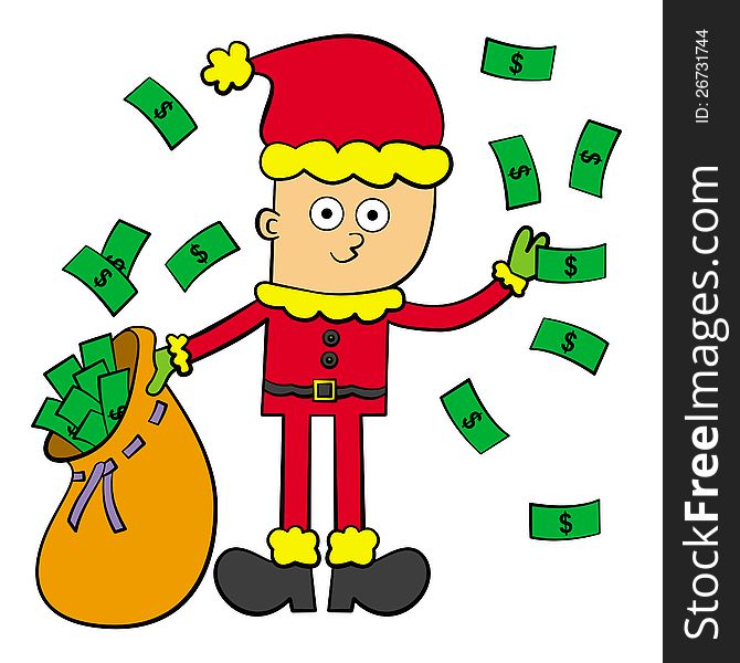 A cartoon character dressed like Santa Clause tossing a lot of dollar bills. A cartoon character dressed like Santa Clause tossing a lot of dollar bills