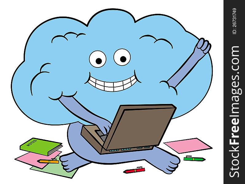 A humorous illustration of a cloud with feet and arms is working on a laptop. A humorous illustration of a cloud with feet and arms is working on a laptop