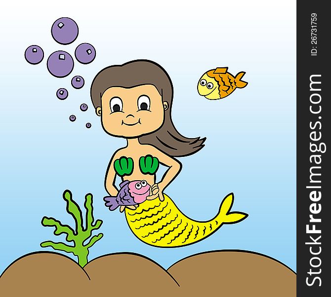 An illustration of a cute young mermaid under the sea with her pet fish. An illustration of a cute young mermaid under the sea with her pet fish