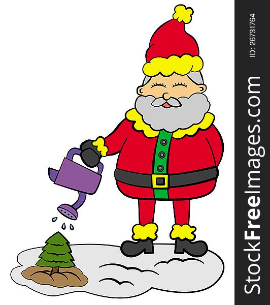 A humorous illustration of Santa Claus watering a small Christmas tree. A humorous illustration of Santa Claus watering a small Christmas tree