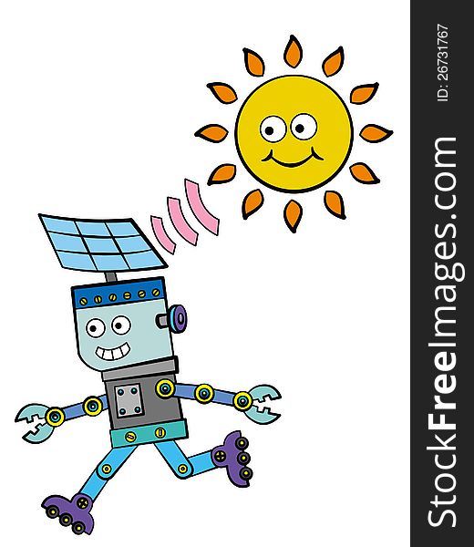 A funny looking robot with solar cells is running while a smiling sun is looking at him. A funny looking robot with solar cells is running while a smiling sun is looking at him