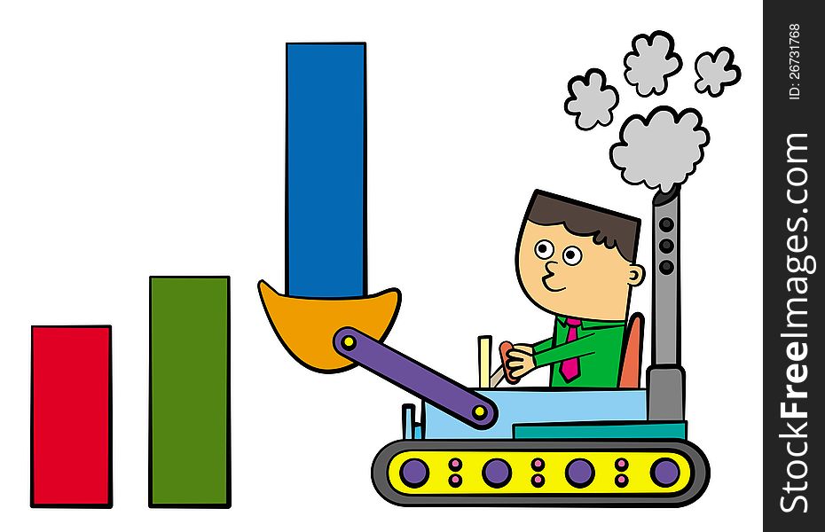 Illustration of three bar graphs, the third and highest one is being lifted by a tractor driven by a cartoon business man. Illustration of three bar graphs, the third and highest one is being lifted by a tractor driven by a cartoon business man