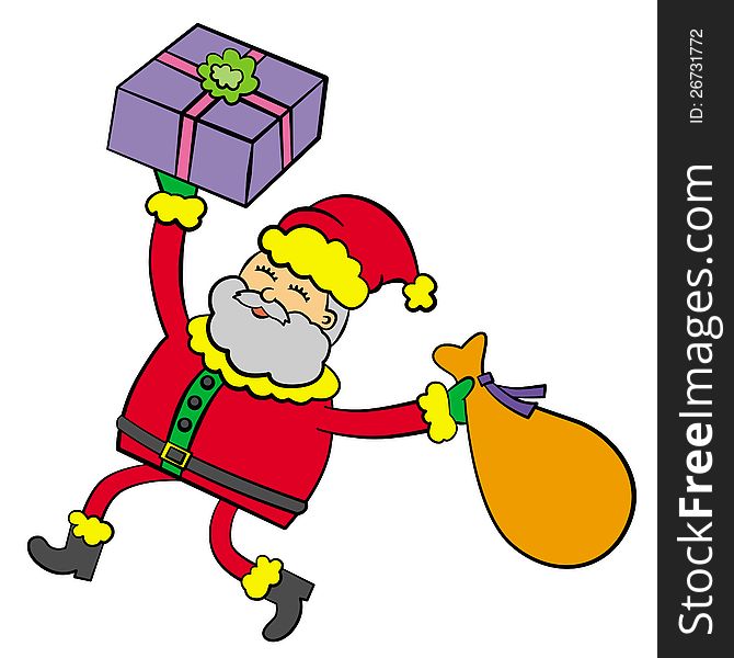 A cartoon illustration of Santa Claus running while holding a gift in his right hand. A cartoon illustration of Santa Claus running while holding a gift in his right hand
