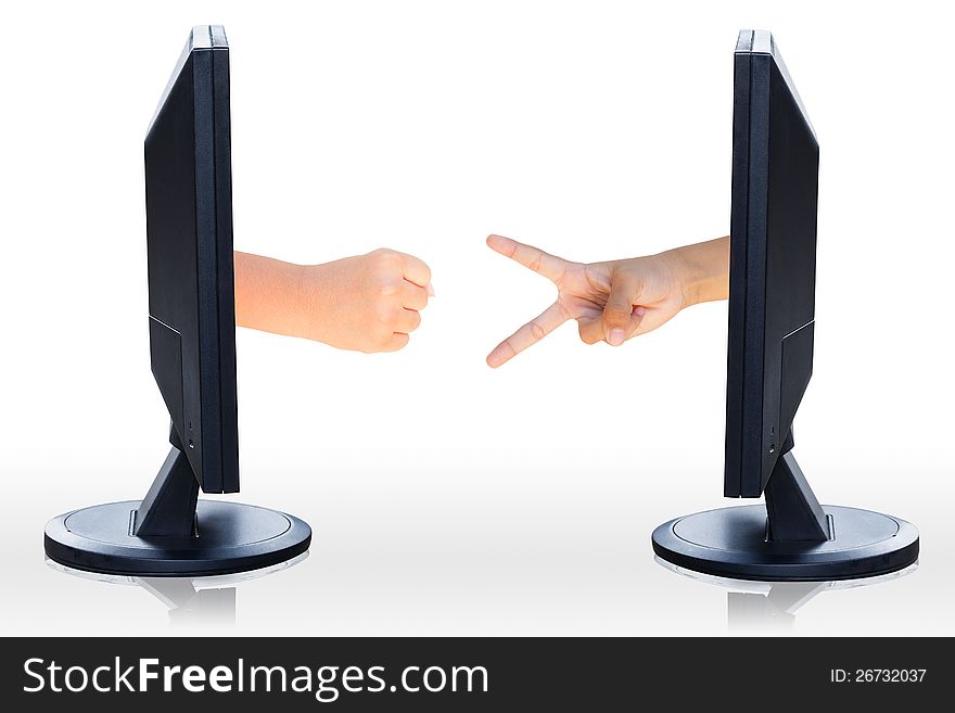Computer LCD flat panel monitor with hand plaing Hammer Paper Scissors