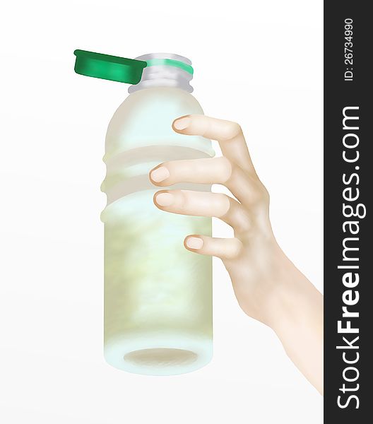 Hand Drawing, Human Hand Holding A Plastic Water Bottle Green Cap.Isolated on White Background. Hand Drawing, Human Hand Holding A Plastic Water Bottle Green Cap.Isolated on White Background