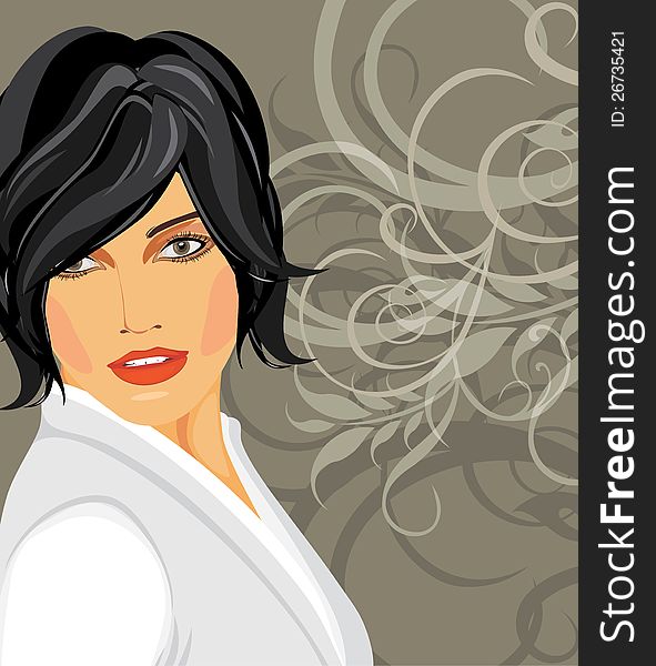 Portrait of brunette in a white blouse on the decorative background. Illustration