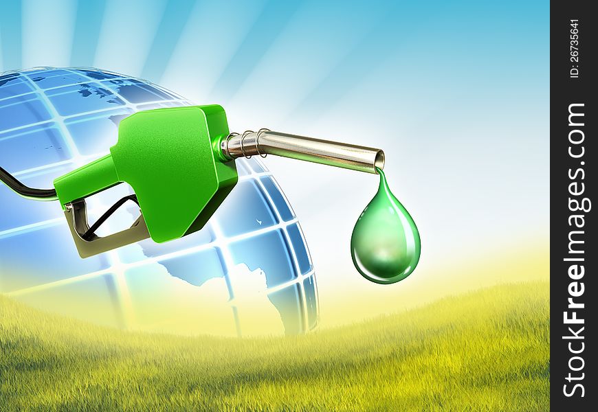 A gas nozzle with a drop of some eco-friendly fuel. Digital illustration. A gas nozzle with a drop of some eco-friendly fuel. Digital illustration.