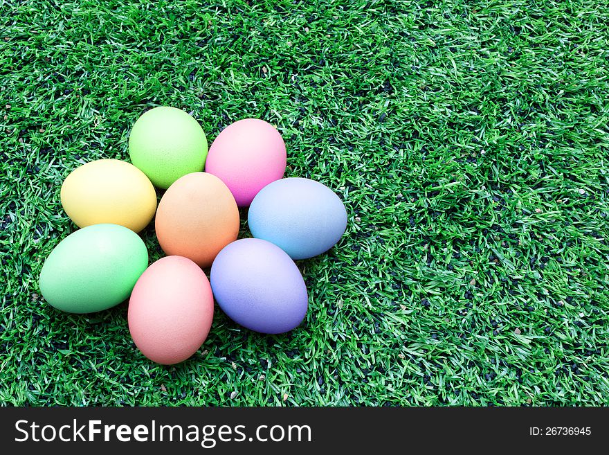 Colorful Easter Eggs On The Soccer Field Grass