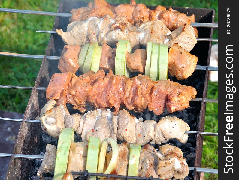 Tasty Grill Kebab On A Charcoal With Onion