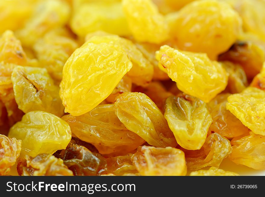 Golden raisins made from green seedless grape. Golden raisins made from green seedless grape.