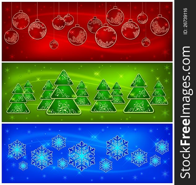 Background with baubles, trees, snowflakes