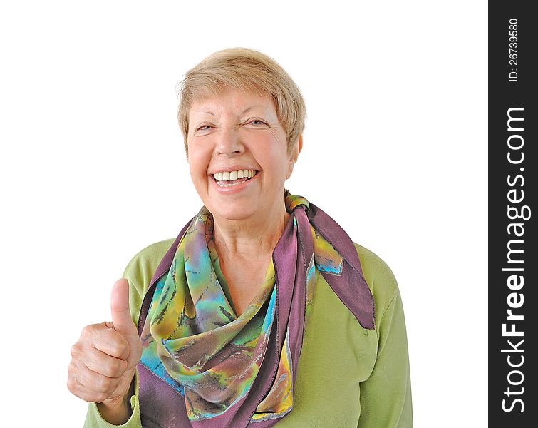 Smiling woman in green showing thumb up isolated on white background