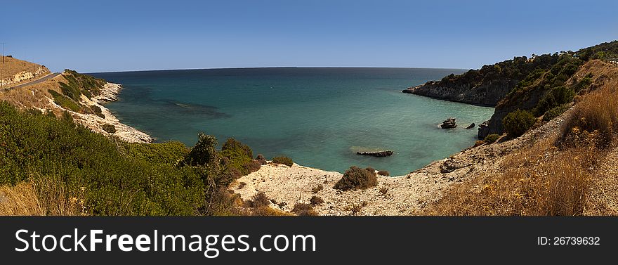 Panoramic view of Zakynthos beach with small port. Panoramic view of Zakynthos beach with small port.